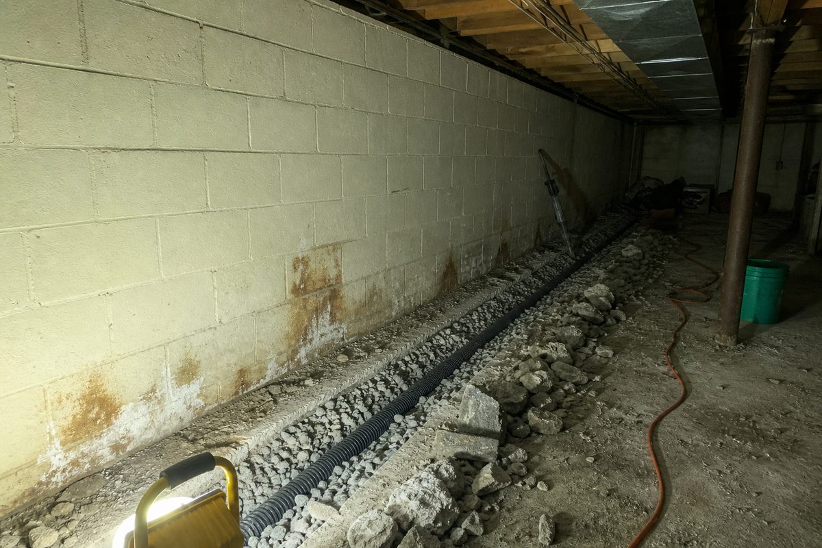 Interior perimeter french drain channel cut into a basement slab, running toward a sump pit